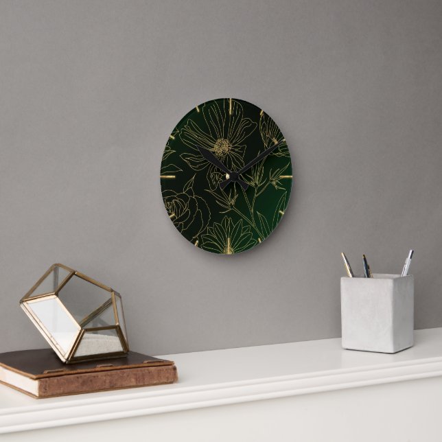 Reloj Redondo Mediano Elegante Flores de Oro Verde Botánico (Oficina)