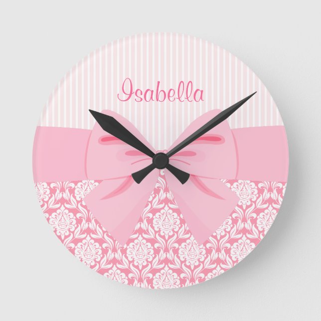 Reloj Redondo Mediano Elegante Girly Pink Damask Wow Personalizado (Anverso)