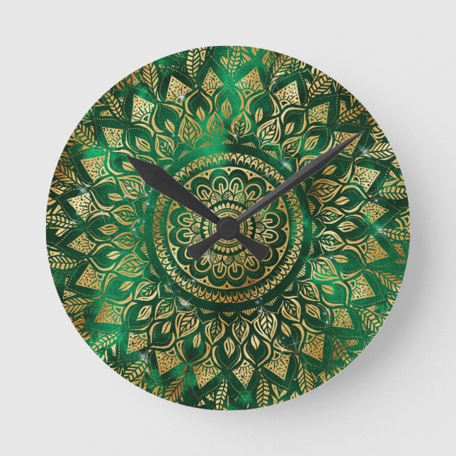 Reloj Redondo Mediano Elegante Gold Green Mandala Floral (Anverso)