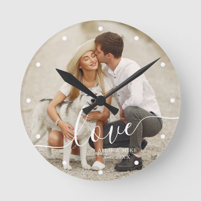 Reloj Redondo Mediano Elegante guión "Amor" foto Personalizado (Anverso)