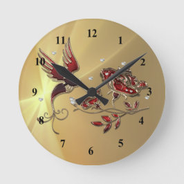 Reloj Redondo Mediano Elegante Hummingbird Gráfico Floral Rojo