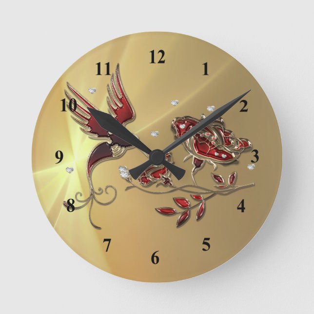 Reloj Redondo Mediano Elegante Hummingbird Gráfico Floral Rojo (Anverso)