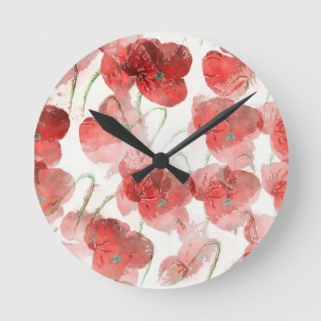 Reloj Redondo Mediano Elegante Ilustracion Red Watercolor Poppies (Anverso)