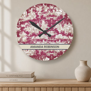 Reloj Redondo Mediano Elegante lago rojo vintage monograma toile de jouy