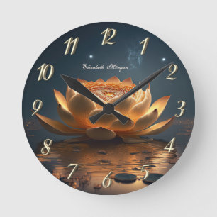 Reloj Redondo Mediano Elegante Loto Dorado,Oscuro,Yoga  