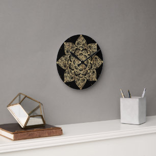 Reloj Redondo Mediano Elegante Mandala Floral de Oro Blanco