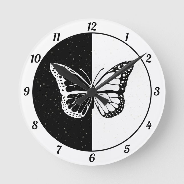 Reloj Redondo Mediano Elegante mariposa elegante blanca negra (Anverso)