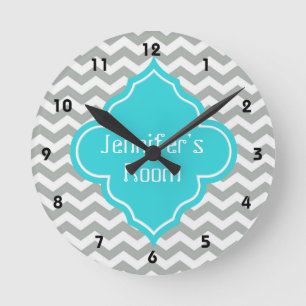 Reloj Redondo Mediano Elegante, moderno, gris, chevron azul acuático