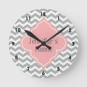 Reloj Redondo Mediano Elegante, moderno, gris, chevron rosa