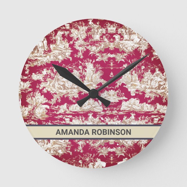 Reloj Redondo Mediano Elegante monograma de laca roja vintage toile de j (Anverso)