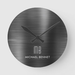 Reloj Redondo Mediano Elegante Monograma de Metal Negro Cepillado