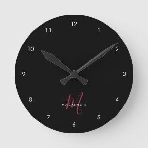 Reloj Redondo Mediano Elegante Monograma Moderno de Letra Negra Roja