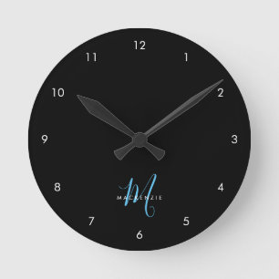 Reloj Redondo Mediano Elegante Monograma Moderno de Letra Script en Negr