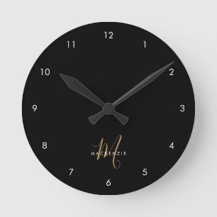 Reloj Redondo Mediano Elegante Monograma Moderno de Oro Negro en Letra C