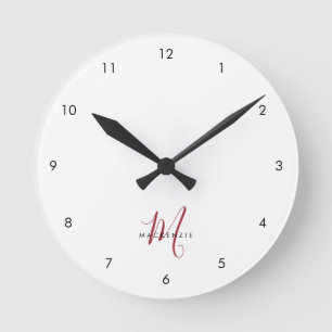 Reloj Redondo Mediano Elegante Monograma Moderno en Blanco y Rojo con Le