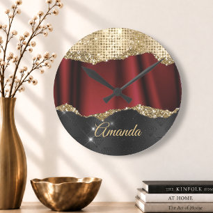 Reloj Redondo Mediano Elegante monograma negro rojo dorado con brillo fa