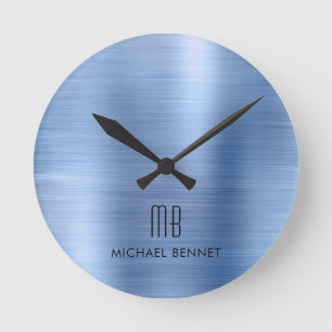 Reloj Redondo Mediano Elegante Monogramado azul cepillado metálico