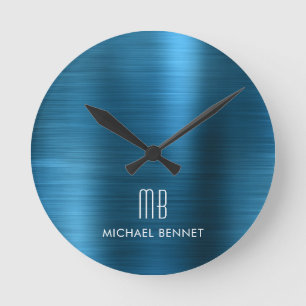 Reloj Redondo Mediano Elegante Monogramado Cepillado Azul metálico