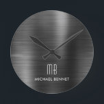 Reloj Redondo Mediano Elegante Monogramado Negro Cepillado metálico<br><div class="desc">Reloj redondo monocromático monogramado de color negro personalizado</div>