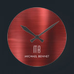 Reloj Redondo Mediano Elegante Monogramado Rojo Pincel metálico<br><div class="desc">Reloj redondo monocromático monocromático personalizado y elegante.</div>