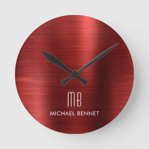 Reloj Redondo Mediano Elegante Monogramado Rojo Pincel metálico