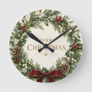 Reloj Redondo Mediano Elegante Navidad Botánica, Verdor Vintage