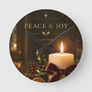 Reloj Redondo Mediano Elegante Navidad con luz de velas, Paz y Alegría f