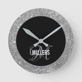 Reloj Redondo Mediano Elegante nombre de familia de purpurina en monogra