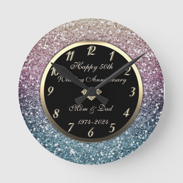 Reloj Redondo Mediano Elegante Ombre conmemora el 50 aniversario Boda (Anverso)