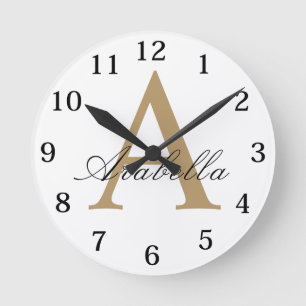 Reloj Redondo Mediano Elegante Oro Negro Personalizado Monograma Nombre