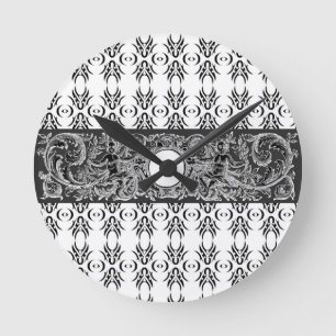 Reloj Redondo Mediano Elegante patrón Barroco blanco y negro para person