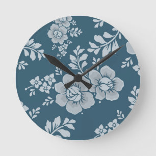 Reloj Redondo Mediano Elegante patrón de flores azules vintage