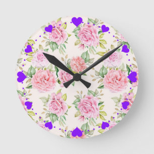 Reloj Redondo Mediano Elegante patrón floral de rosa romántica