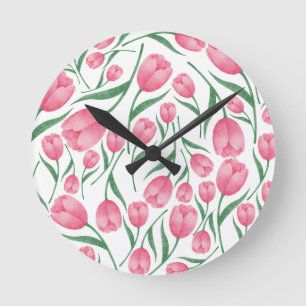 Reloj Redondo Mediano Elegante patrón floral de tulipanes rosados
