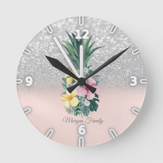 Reloj Redondo Mediano Elegante Pineapple Flowers Silver Purpurina Bokeh (Anverso)