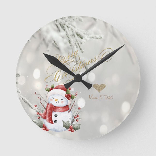Reloj Redondo Mediano Elegante Purpurina de oro Corazón Snowman (Anverso)
