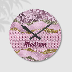 Reloj Redondo Mediano Elegante purpurinoso floral Monograma dorado púrpu