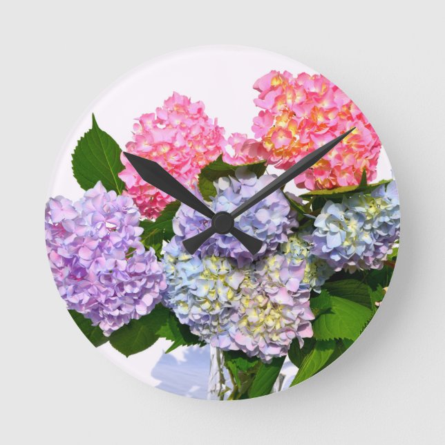 Reloj Redondo Mediano Elegante ramo de horteno floral azul púrpura rosa (Anverso)