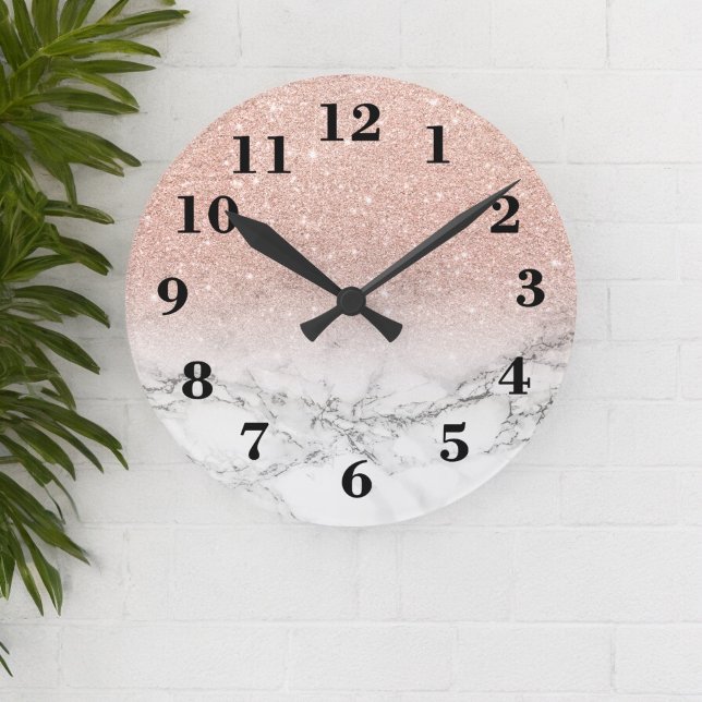 Reloj Redondo Mediano Elegante rosa falso rosa purpurina de mármol blanc (Stylish faux rose pink glitter ombre white marble round clock)
