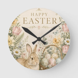 Reloj Redondo Mediano Elegante saludo de Pascua, estilo porcelana azul y