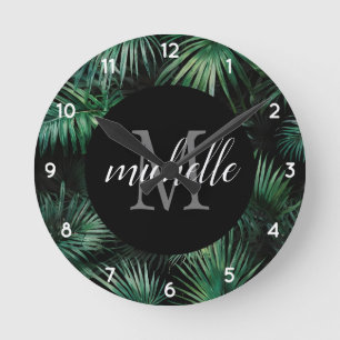Reloj Redondo Mediano Elegante verde negro Palm Leaves Tropicales Monogr