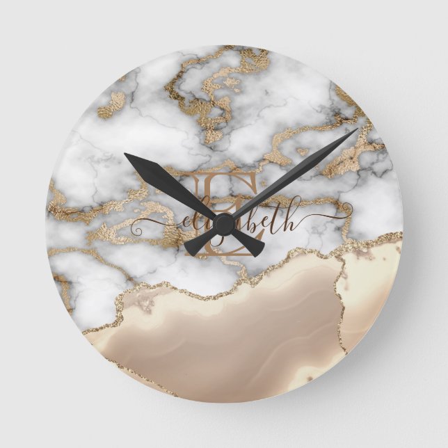 Reloj Redondo Mediano Elegante y elegante Purpurina dorado Cream Marble  (Anverso)