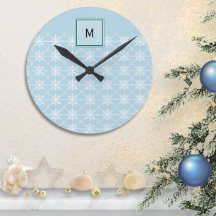 Reloj Redondo Mediano Elegantes copos de nieve azules estilizados con mo