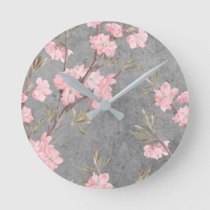 Reloj Redondo Mediano Elegantes Flores Rosadas Delicadas Grises Vintage