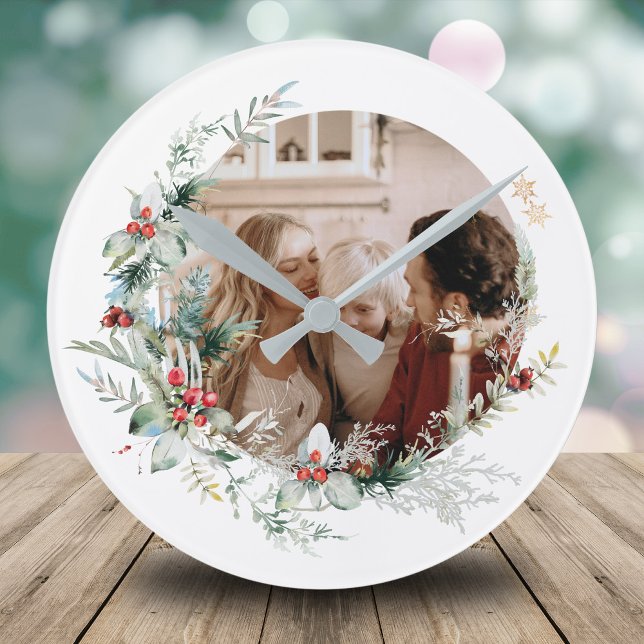 Reloj Redondo Mediano Elegantes Navidades de acuarela con foto de Round  (Subido por el creador)