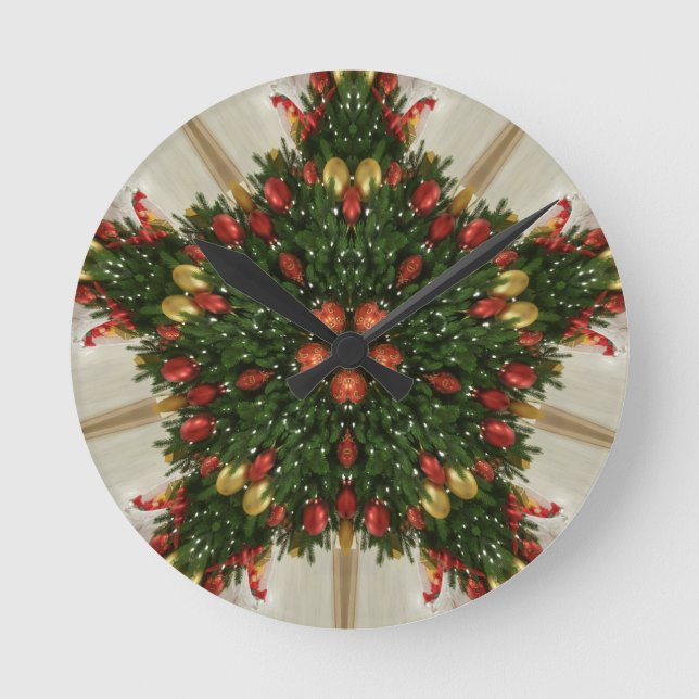 Reloj Redondo Mediano Elegantes Navidades Wreath Red Green Kaleidoscópic (Anverso)