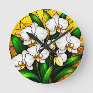 Reloj Redondo Mediano Elegantes orquídeas blancas de vidrio manchado