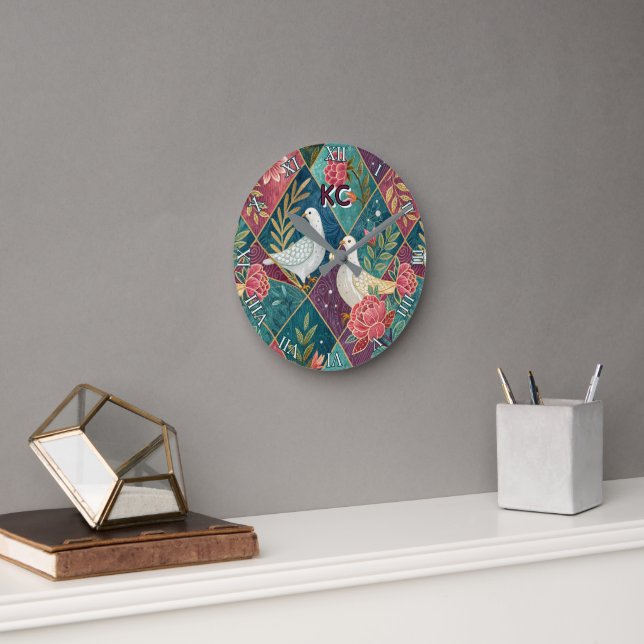 Reloj Redondo Mediano Elegantes palomas blancas moradas rosadas y geomét (Oficina)