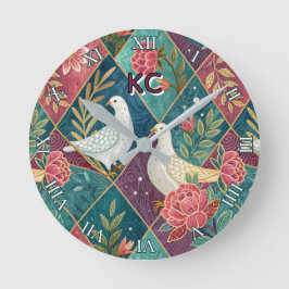Reloj Redondo Mediano Elegantes palomas blancas moradas rosadas y geomét