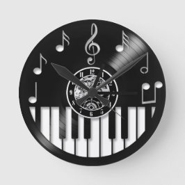 Reloj Redondo Mediano Elementos de piano y música de vinilo